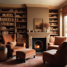 A cozy, warm, and inviting room with plush cushions, soft lighting, bookshelves filled with books, a comfortable armchair by a fireplace, and warm-toned, earthy colors.