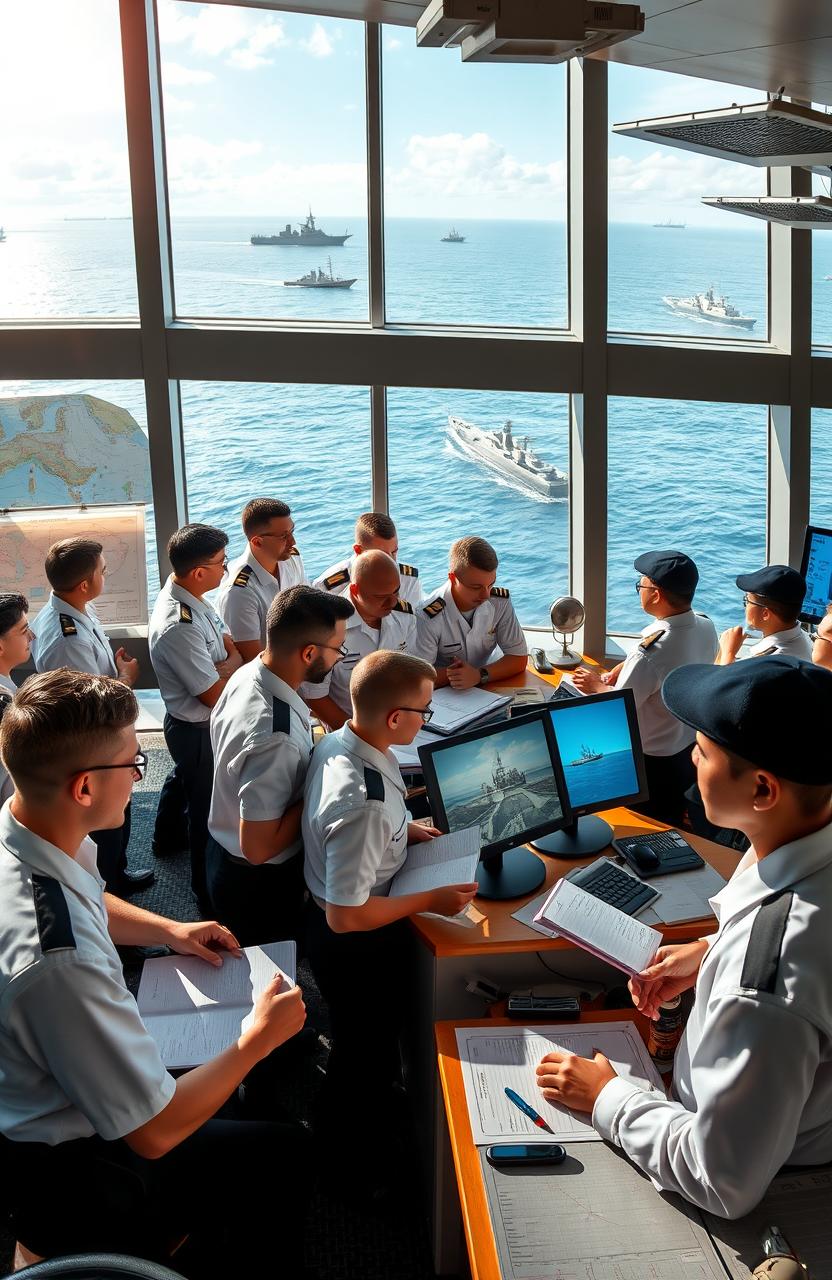 An engaging scene depicting the essence of naval education, showcasing a diverse group of cadets in a modern maritime classroom filled with nautical charts, advanced navigational tools, and models of ships