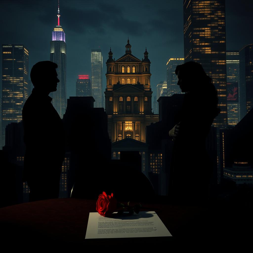 A dramatic night scene of a bustling city reminiscent of New York, with shimmering lights from towering buildings, creating an atmosphere of tension and danger