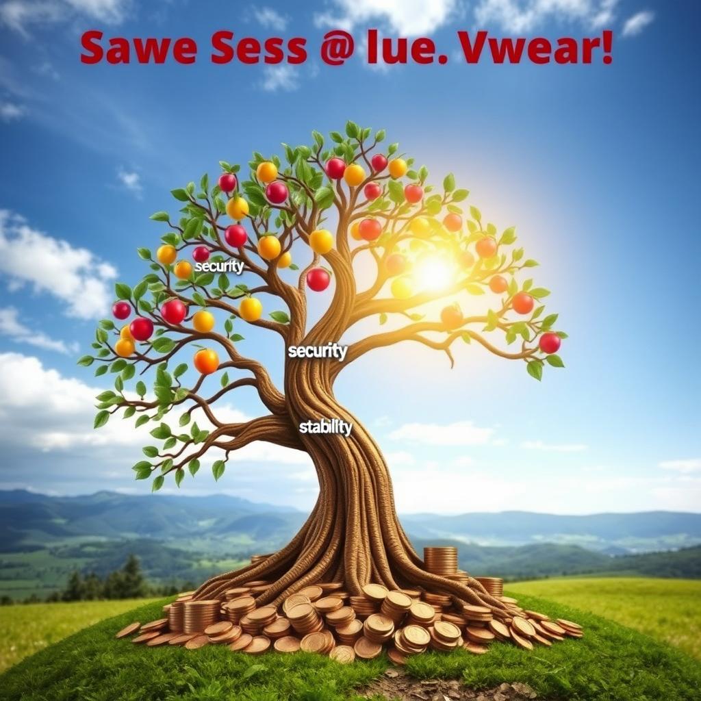 A strong, majestic tree with deep roots crafted from stacks of coins symbolizing savings, a robust trunk representing vibrant financial growth, and wide branches filled with colorful fruits labeled as 'security', 'education', and 'stability'