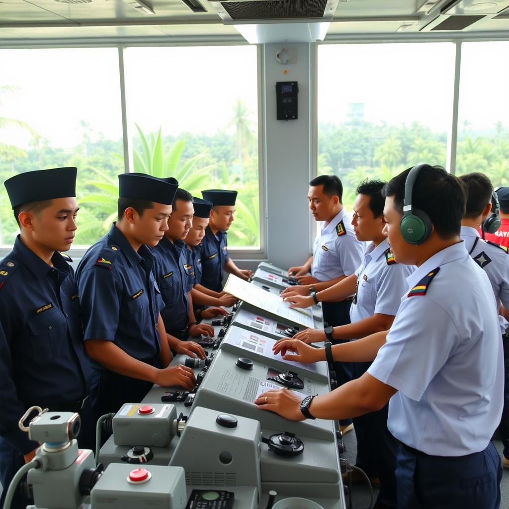 An inspiring scene depicting Indonesian Navy education, showcasing a diverse group of cadets from various backgrounds in a nautical training facility