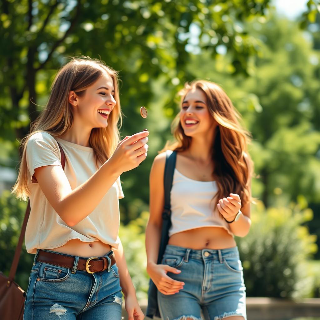 A beautiful young lady and her friend, both laughing and enjoying each other's company, are outside in a sunny park setting
