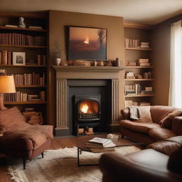 A cozy, warm, and inviting room with plush cushions, soft lighting, bookshelves filled with books, a comfortable armchair by a fireplace, and warm-toned, earthy colors.