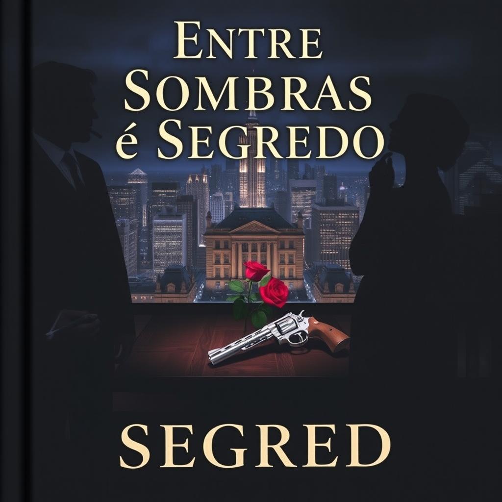 A book cover for "Entre Sombras e Segredo", featuring a sophisticated serif font for the title that emits a soft silver or gold glow, conveying an aura of mystery and luxury