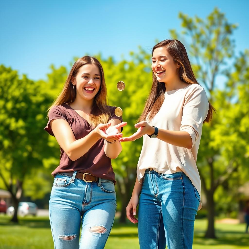 A beautiful lady and her friend, both smiling and having fun, are outdoors in a vibrant, sunny park setting