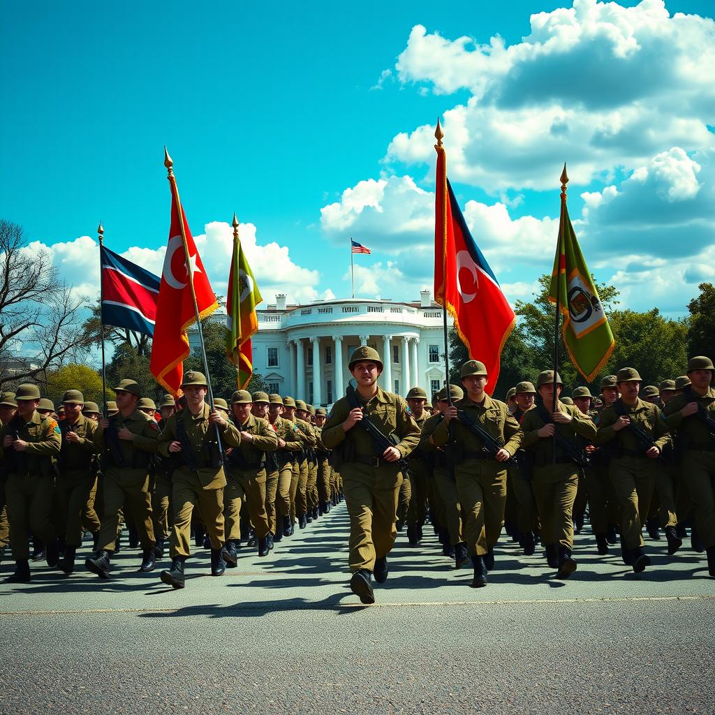 A dramatic scene depicting a march of soldiers near the White House, showcasing soldiers wearing military uniforms, confidently marching in formation