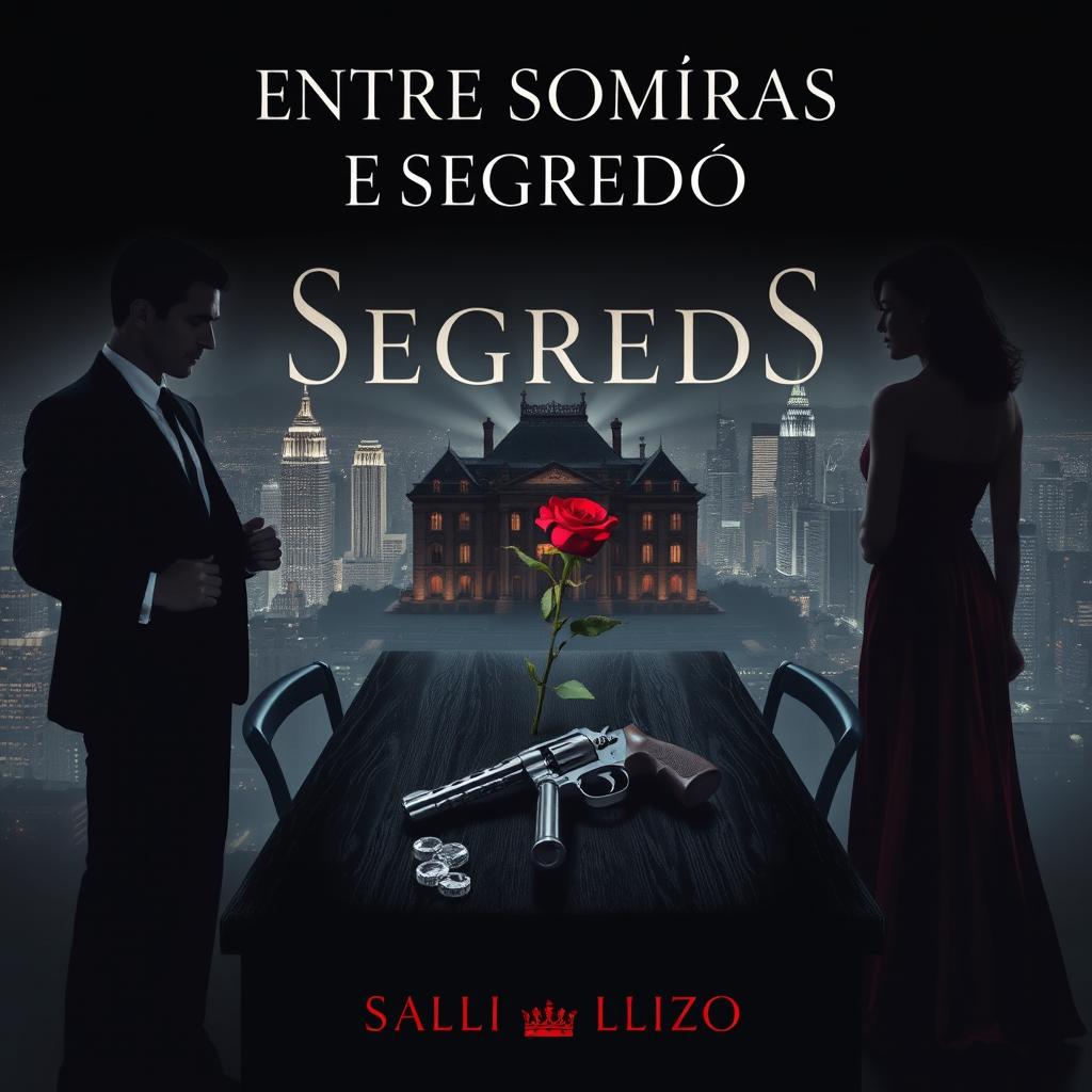 A book cover for 'Entre Sombras e Segredo', featuring the title in a sophisticated serif font with a subtle silver or gold glow, conveying mystery and luxury