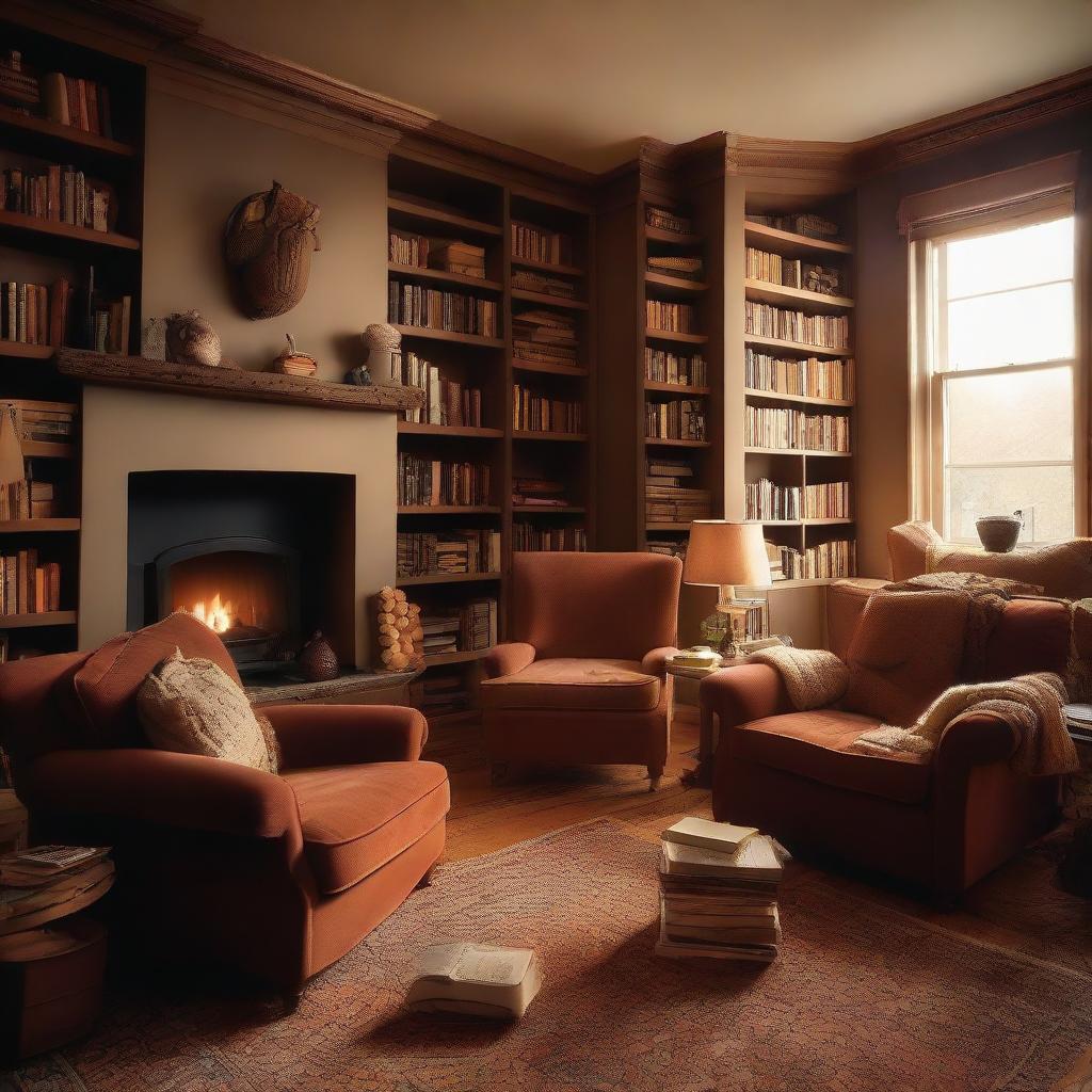 A cozy, warm, and inviting room with plush cushions, soft lighting, bookshelves filled with books, a comfortable armchair by a fireplace, and warm-toned, earthy colors.