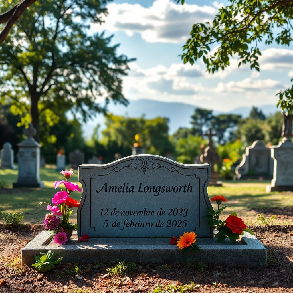 A serene and poignant graveyard scene in El Salvador, featuring a beautifully crafted tombstone with the name 'Amelia Longsworth' inscribed on it