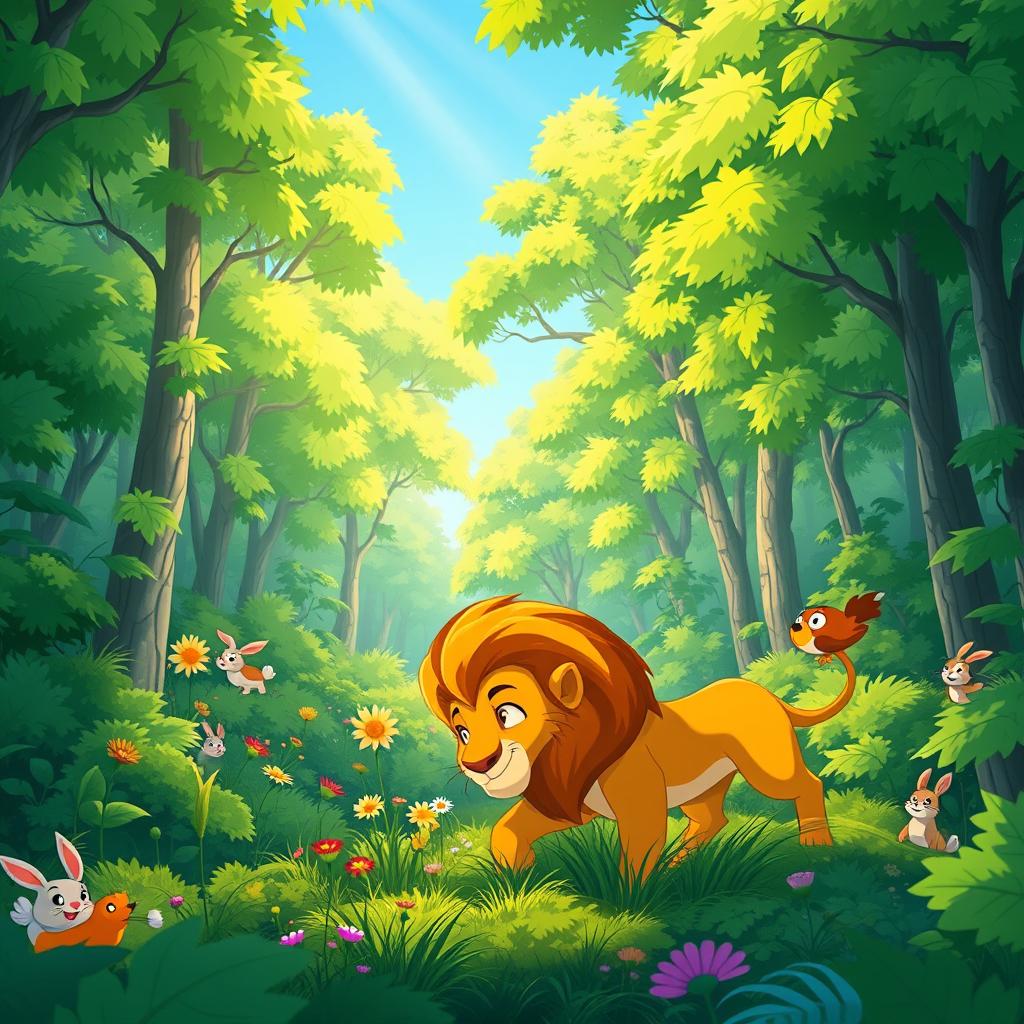 A short animated scene set in a vibrant green forest with tall trees and lush foliage
