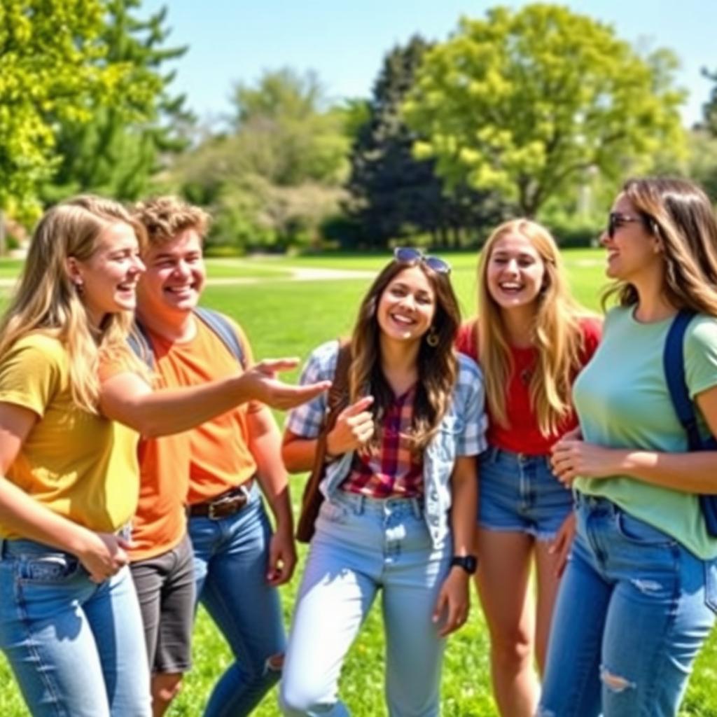 A lively scene of a group of friends enjoying a sunny day in a park, all laughing and having fun as they gather around to flip a coin