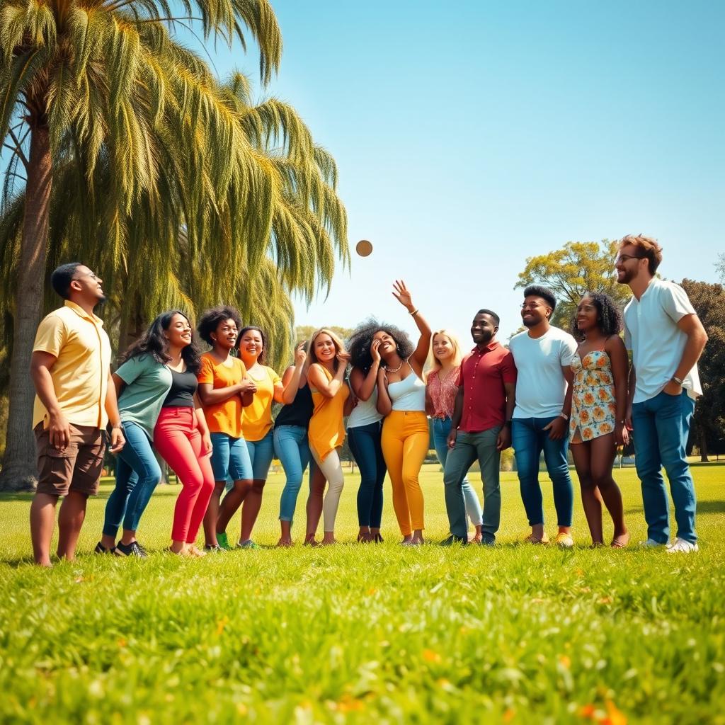 A vibrant and cheerful scene of a diverse group of friends gathered in a sunny park, joyfully flipping a coin together