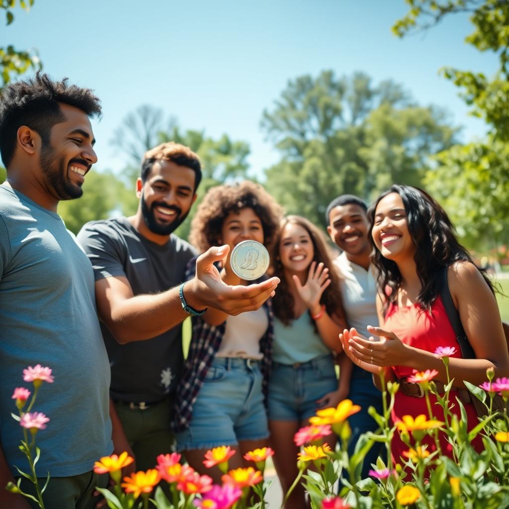 A joyful moment captured in a sunny park where a diverse group of friends are happily flipping a coin together