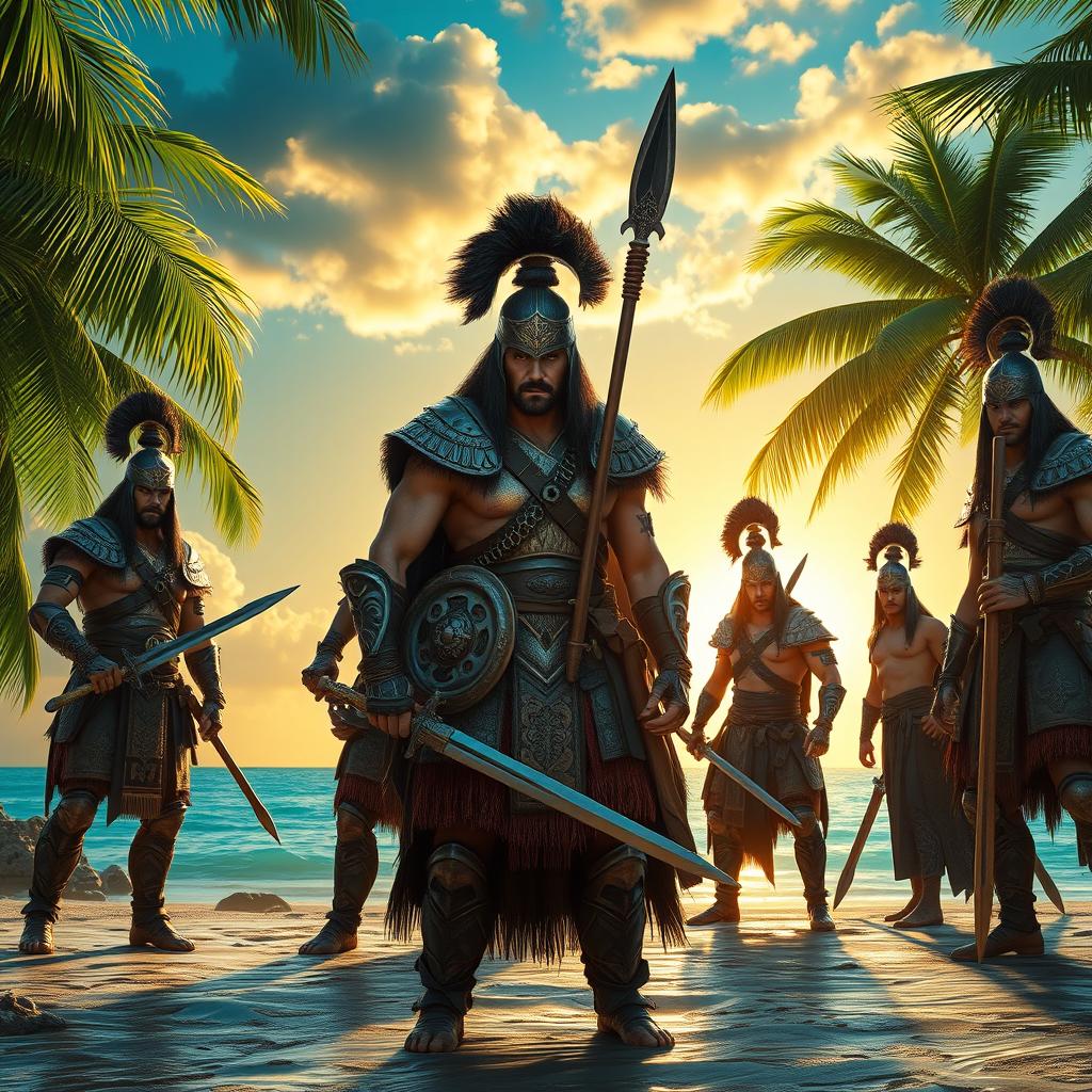A stunning scene of fierce warriors standing on a lush tropical island, surrounded by vibrant green palm trees and crystal-clear blue water