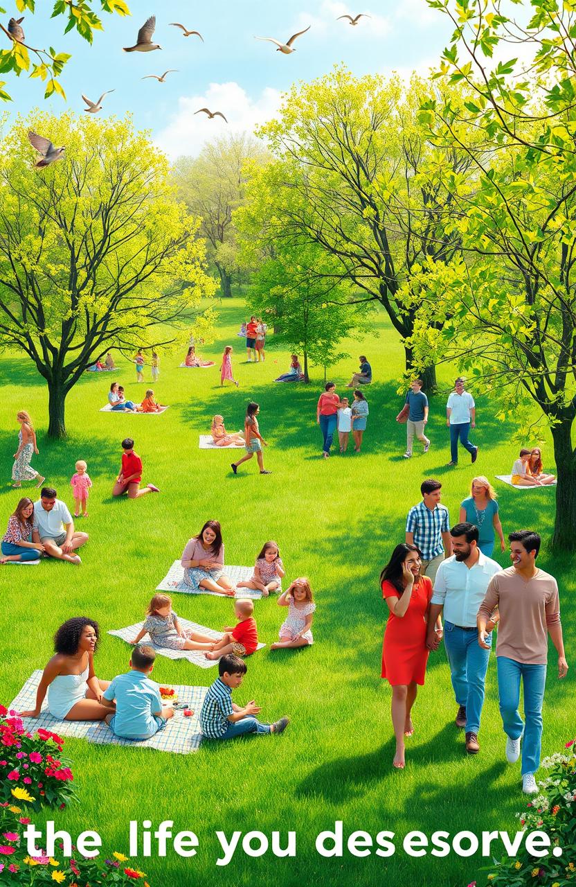A serene scene representing 'the life they deserve' showing a diverse group of people enjoying a vibrant outdoor park during spring