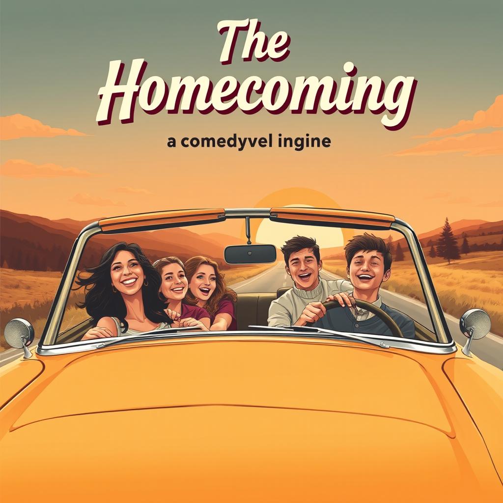 A nostalgic, vintage-style book cover for a comedy novel titled “The Homecoming
