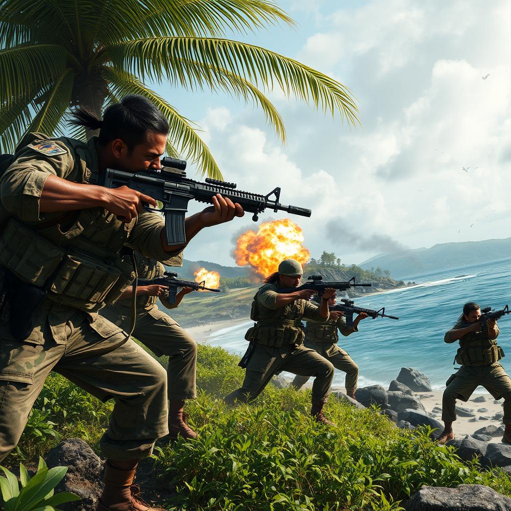 An intense scene depicting armed warriors engaged in battle on a remote island