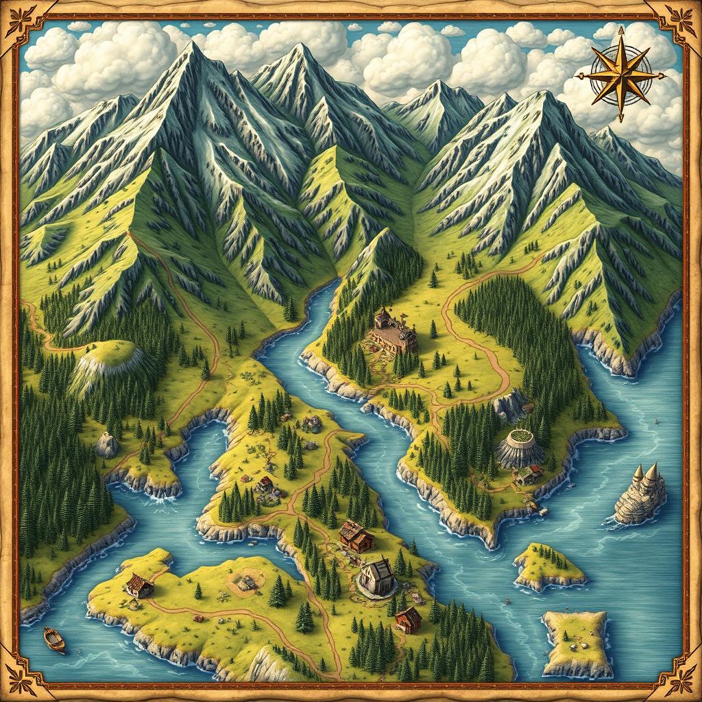A detailed and imaginative map of an unexplored territory, featuring a variety of geographical features