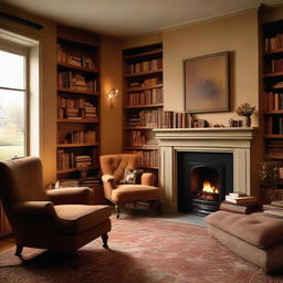 A cozy, warm, and inviting room with plush cushions, soft lighting, bookshelves filled with books, a comfortable armchair by a fireplace, and warm-toned, earthy colors.