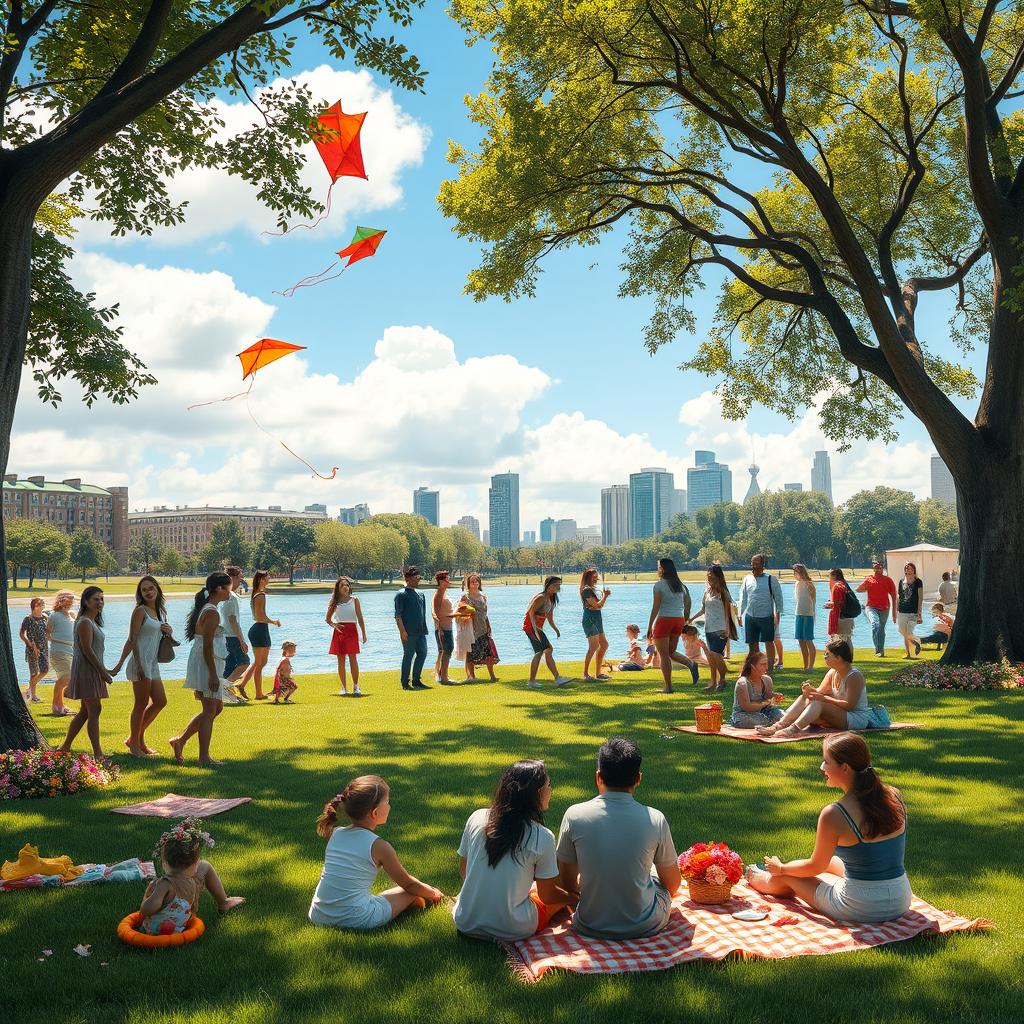 A vibrant scene titled 'the life they deserve', featuring a harmonious blend of different people enjoying a beautiful day in a sunny urban park