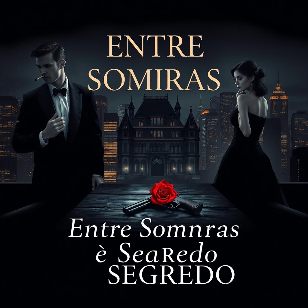 Book cover design for 'Entre Sombras e Segredo' featuring a sophisticated serif font with a subtle silver or golden glow to convey mystery and luxury