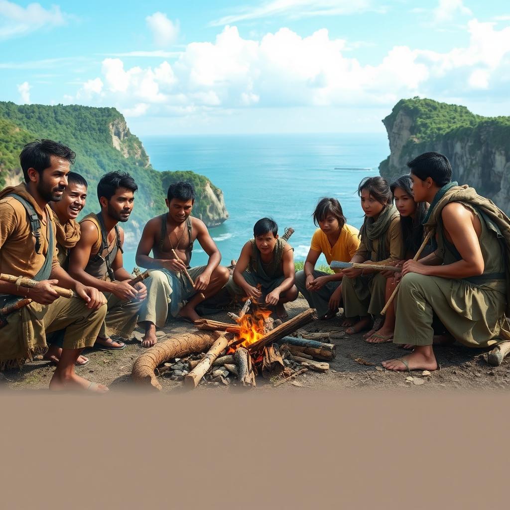 A compelling scene of war survivors on a remote island, showcasing their resilience and determination
