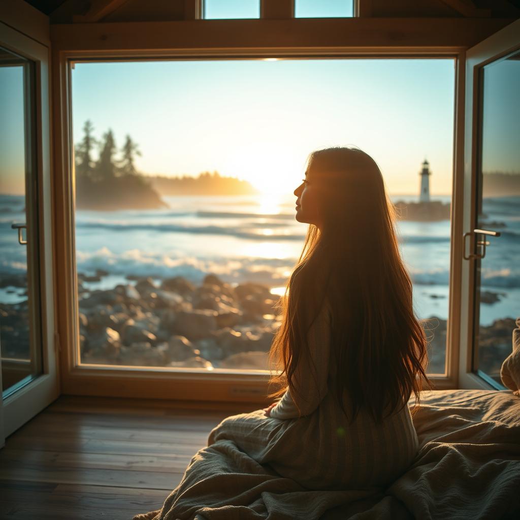 A captivating scene of a woman waking up in a different but similar timeline, set in a cozy beach house near the Pacific Northwest coast