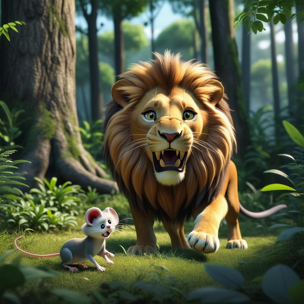 A vibrant and enchanting anime scene featuring a majestic lion walking through a lush green forest