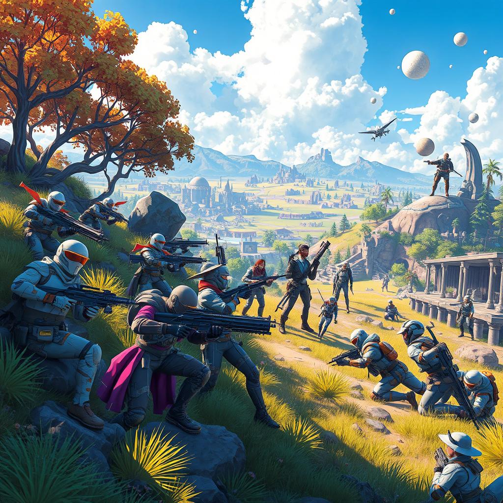 A colorful and dynamic scene inspired by battle royale games, featuring a diverse group of characters in a vibrant, expansive environment