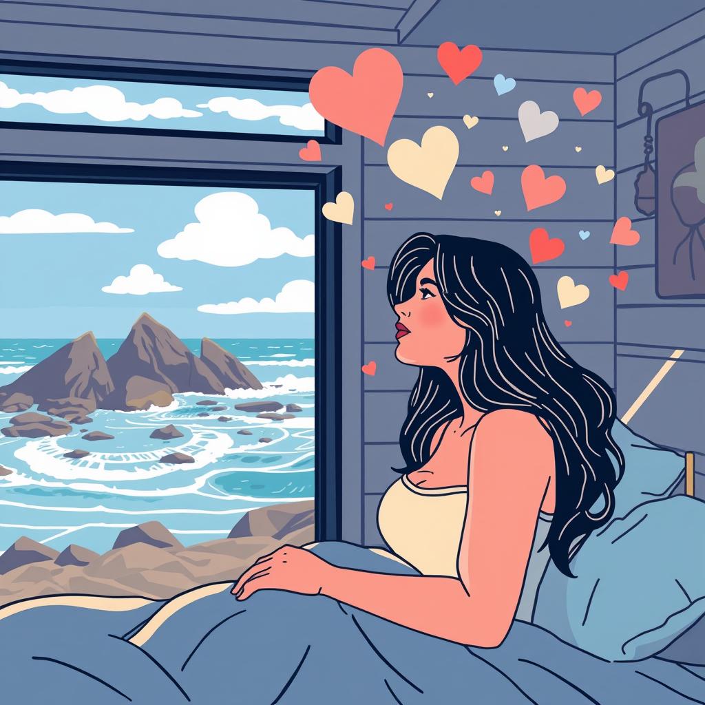 A graphic design artwork depicting a woman waking up in a different but similar timeline, set in a modern beach house near the Pacific Northwest