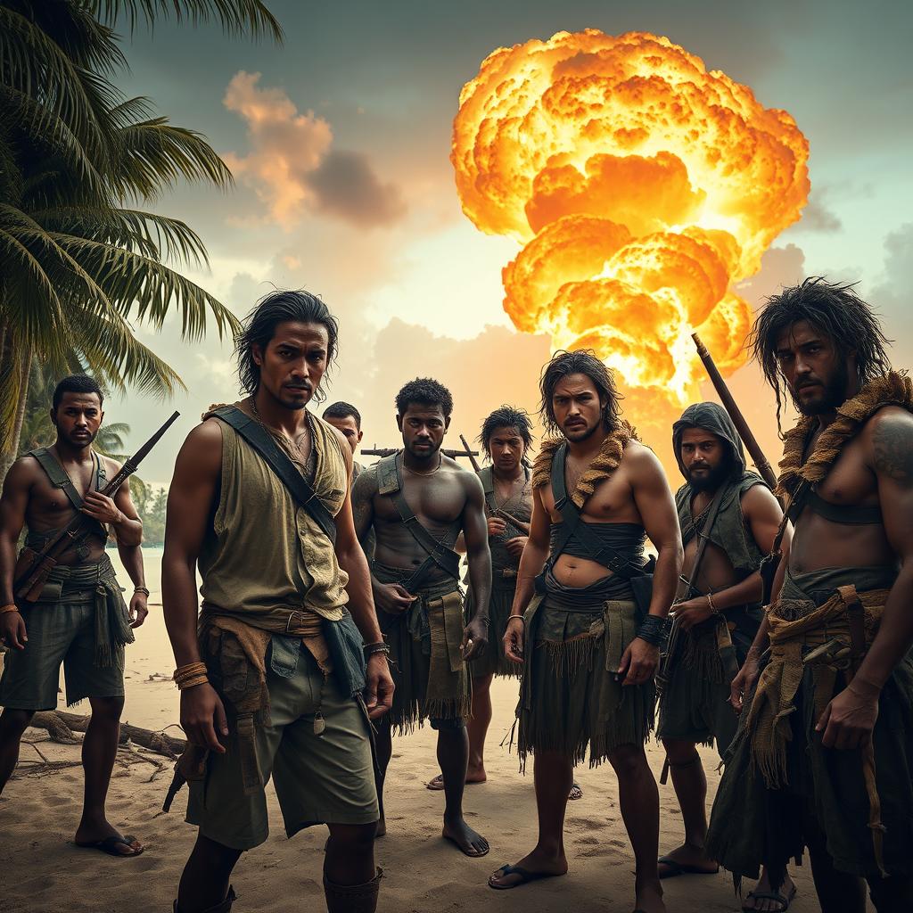 A dramatic scene featuring fighters in a war scenario on a tropical island, without military attire