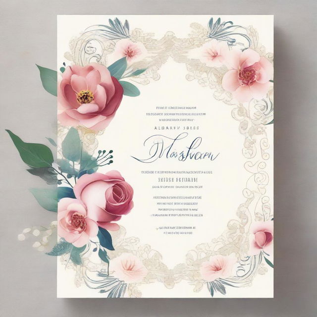 An elegant wedding invitation design featuring delicate filigree patterns, vibrant floral arrangements, and calligraphic text specifying the names, date, and location of the event.