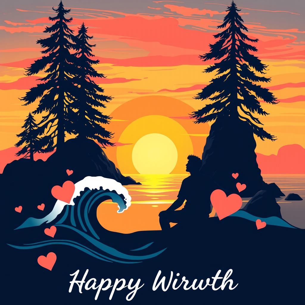 A graphic design illustration depicting a romantic love story set near the beach in the Pacific Northwest