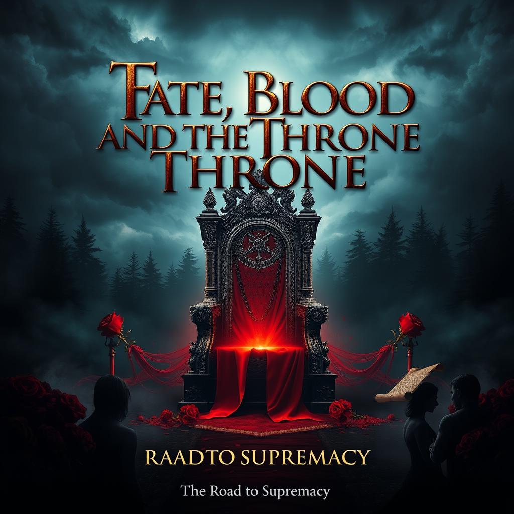 A captivating 4:4 poster design for a fictional epic titled 'Fate, Blood, and the Throne: The Road to Supremacy'