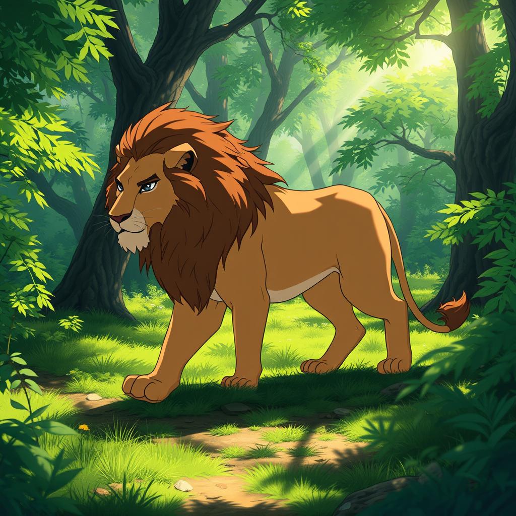 A short anime scene depicting a majestic lion walking through a lush green forest