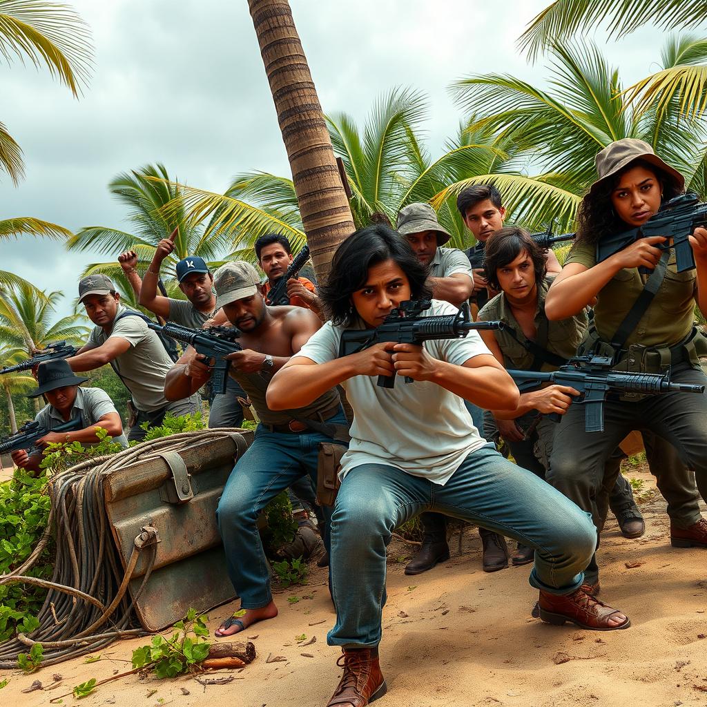 An intense scene featuring fighters in a war setting on a tropical island, dressed in civilian clothing rather than military gear