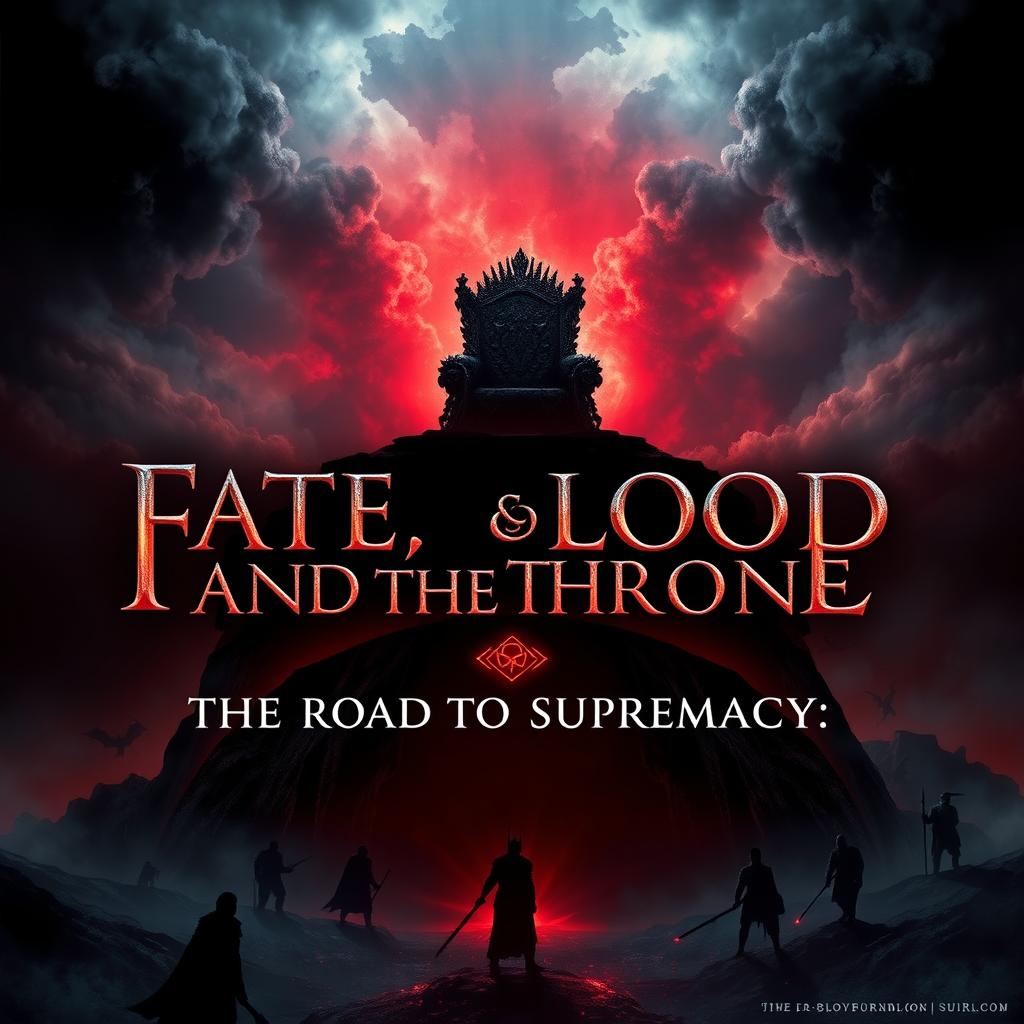 A dramatic and visually striking 4:4 poster design featuring the title 'Fate, Blood, and the Throne: The Road to Supremacy' in bold, cinematic typography