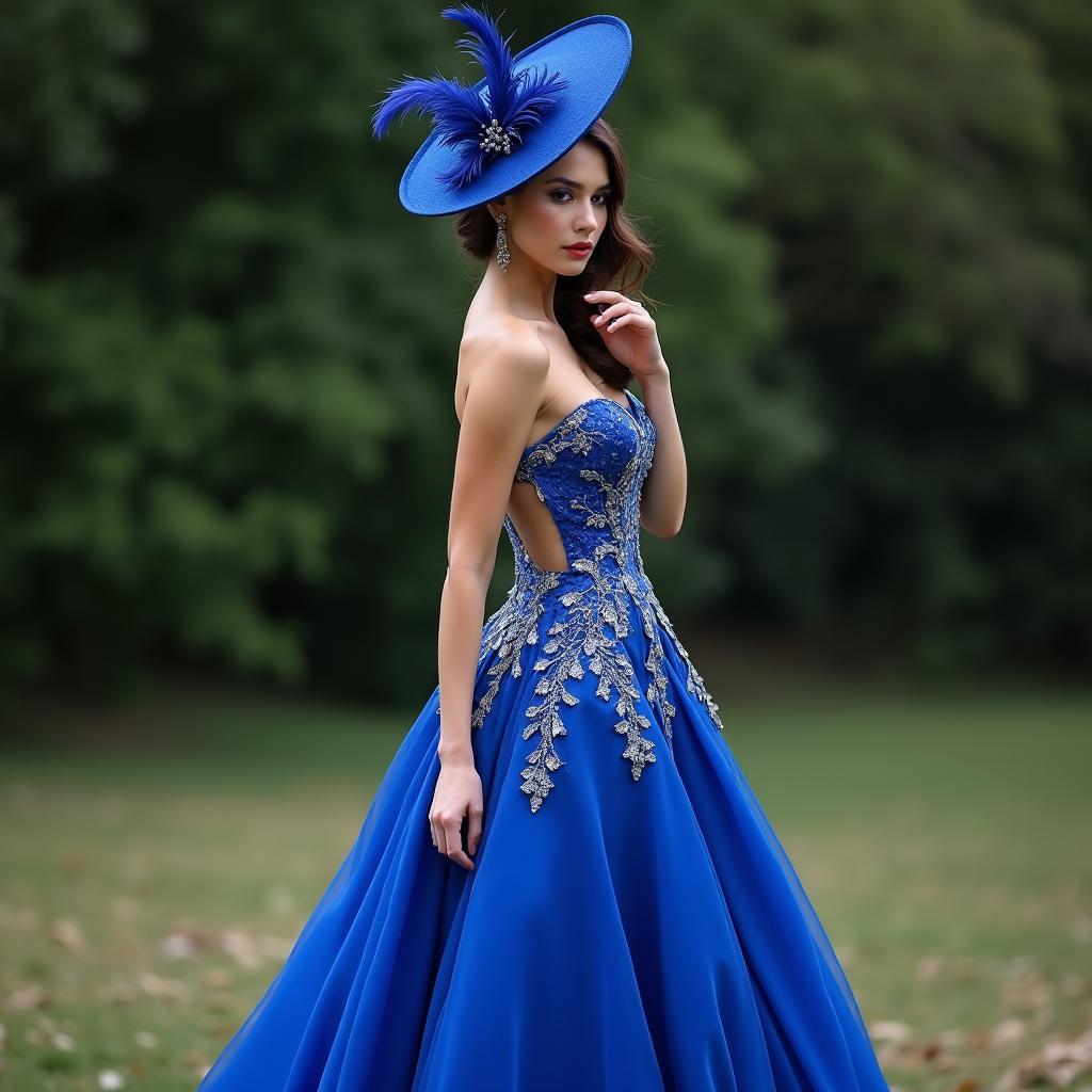 A beautiful, feisty woman standing at a distance, dressed in an elegant sapphire blue gown that extends past her waist, adorned with intricate white lace details