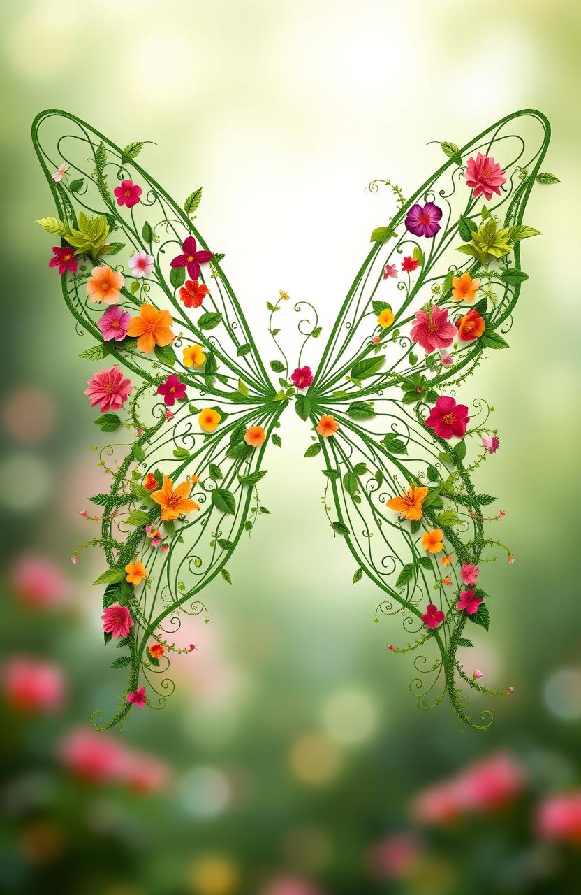 An intricate outline of fairy wings, beautifully crafted from an abundance of overflowing nature