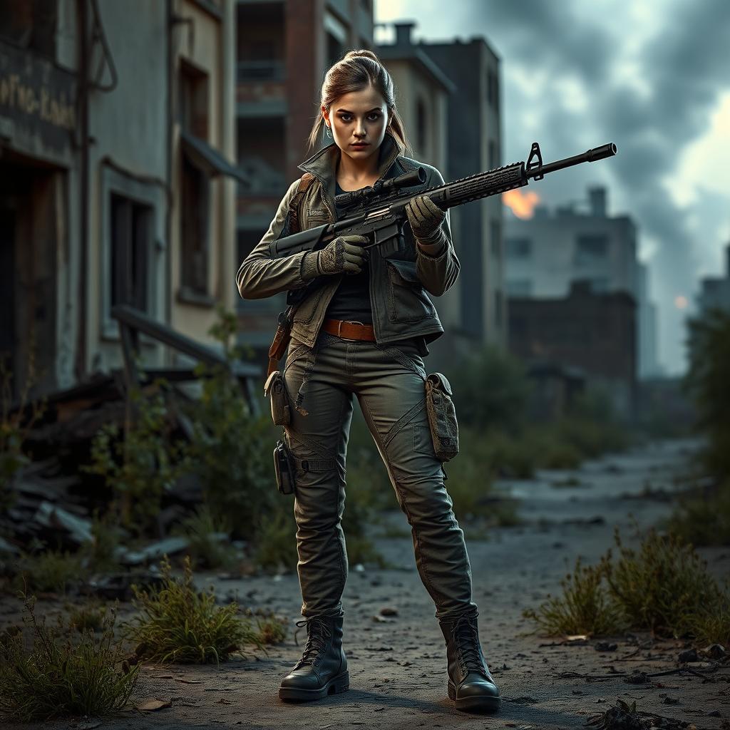 A strong and determined female fighter standing in an abandoned urban environment, holding a sniper rifle with confidence
