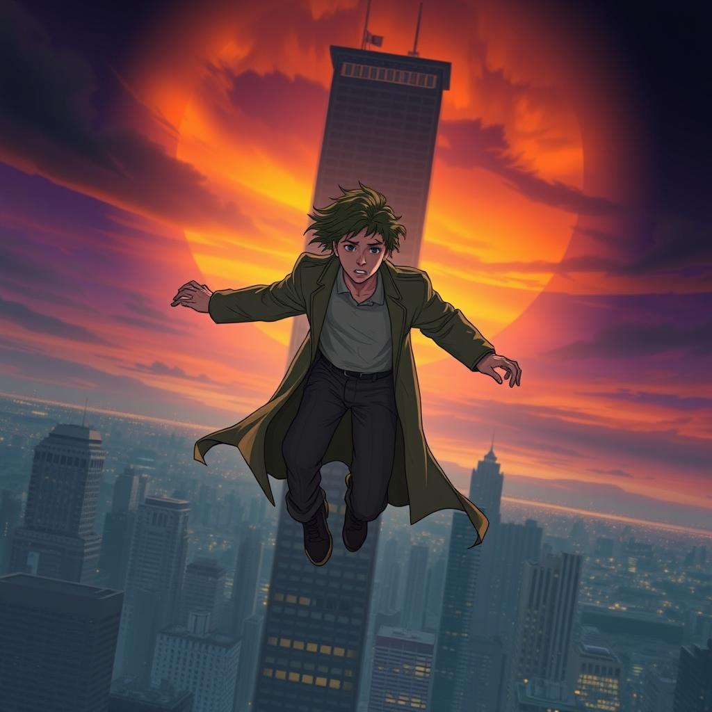 A dramatic scene depicting the main character's tragic death, as they leap from a tall building
