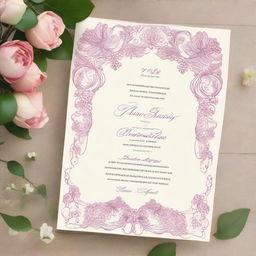 An elegant wedding invitation design featuring delicate filigree patterns, vibrant floral arrangements, and calligraphic text specifying the names, date, and location of the event.