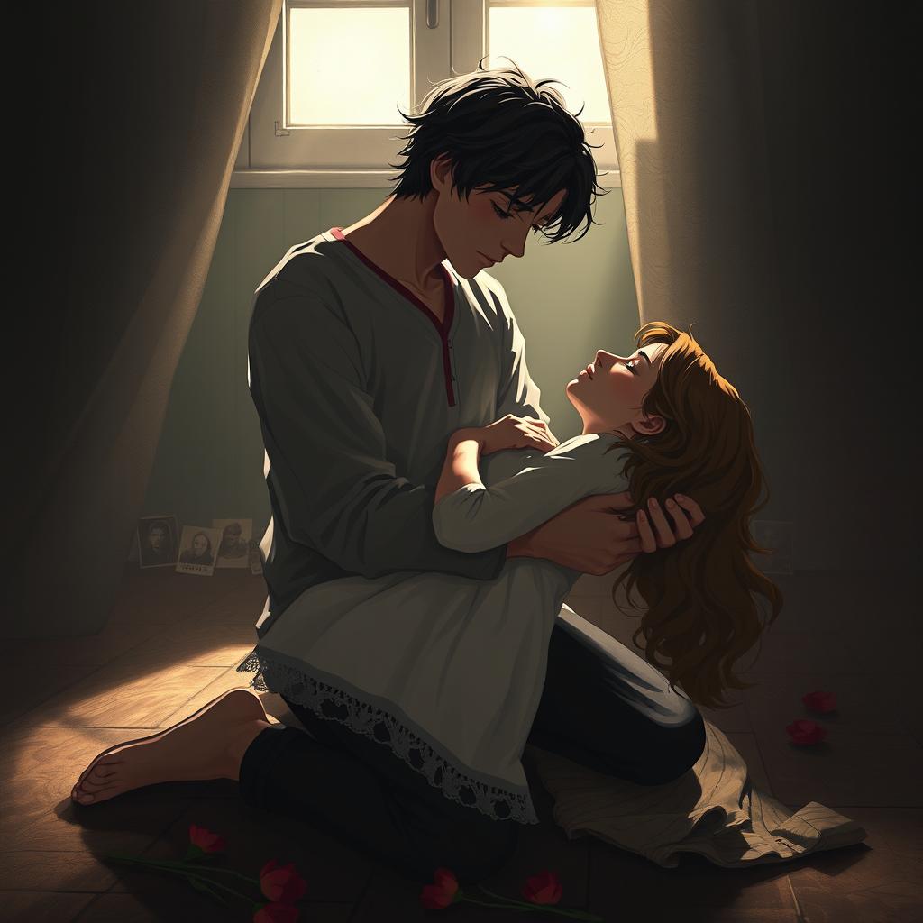 A poignant scene depicting the main character holding his deceased beloved in a tender embrace