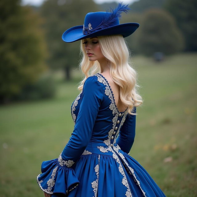 A beautiful blonde woman standing at a distance, wearing an exquisite 17th-century long sapphire blue gown adorned with white lace, featuring long sleeves