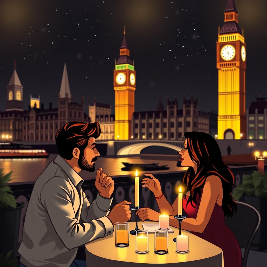 A romantic night scene in London, featuring a couple in love sharing an intimate moment