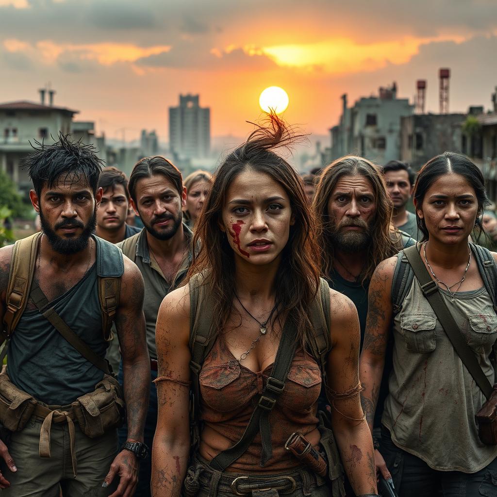 A dramatic scene featuring survivors of a zombie apocalypse
