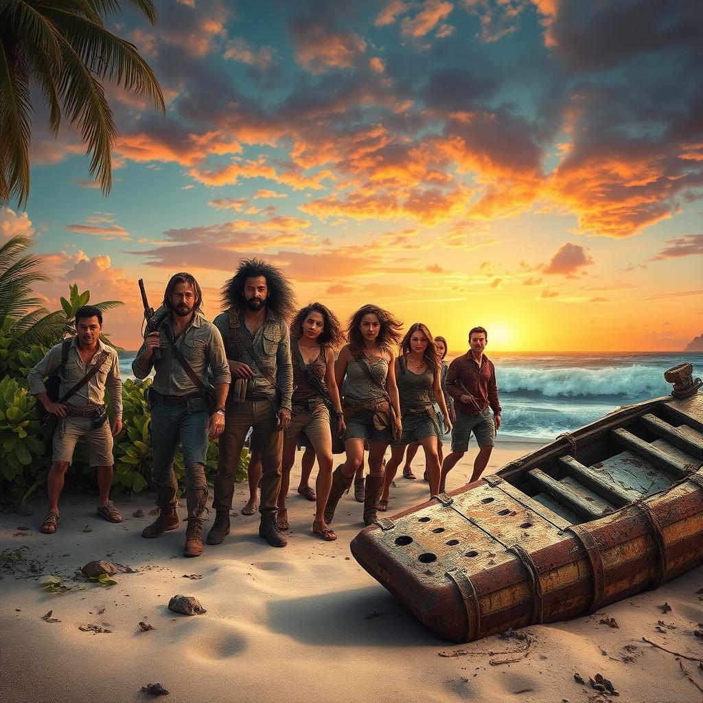 A thrilling scene depicting survivors of a zombie apocalypse on a deserted island