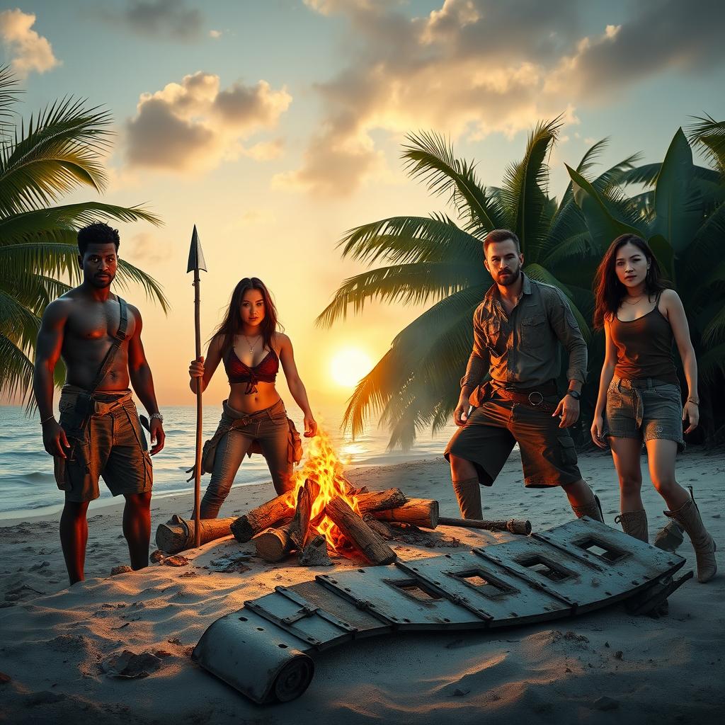 A captivating scene showcasing four survivors of a zombie apocalypse on a deserted island