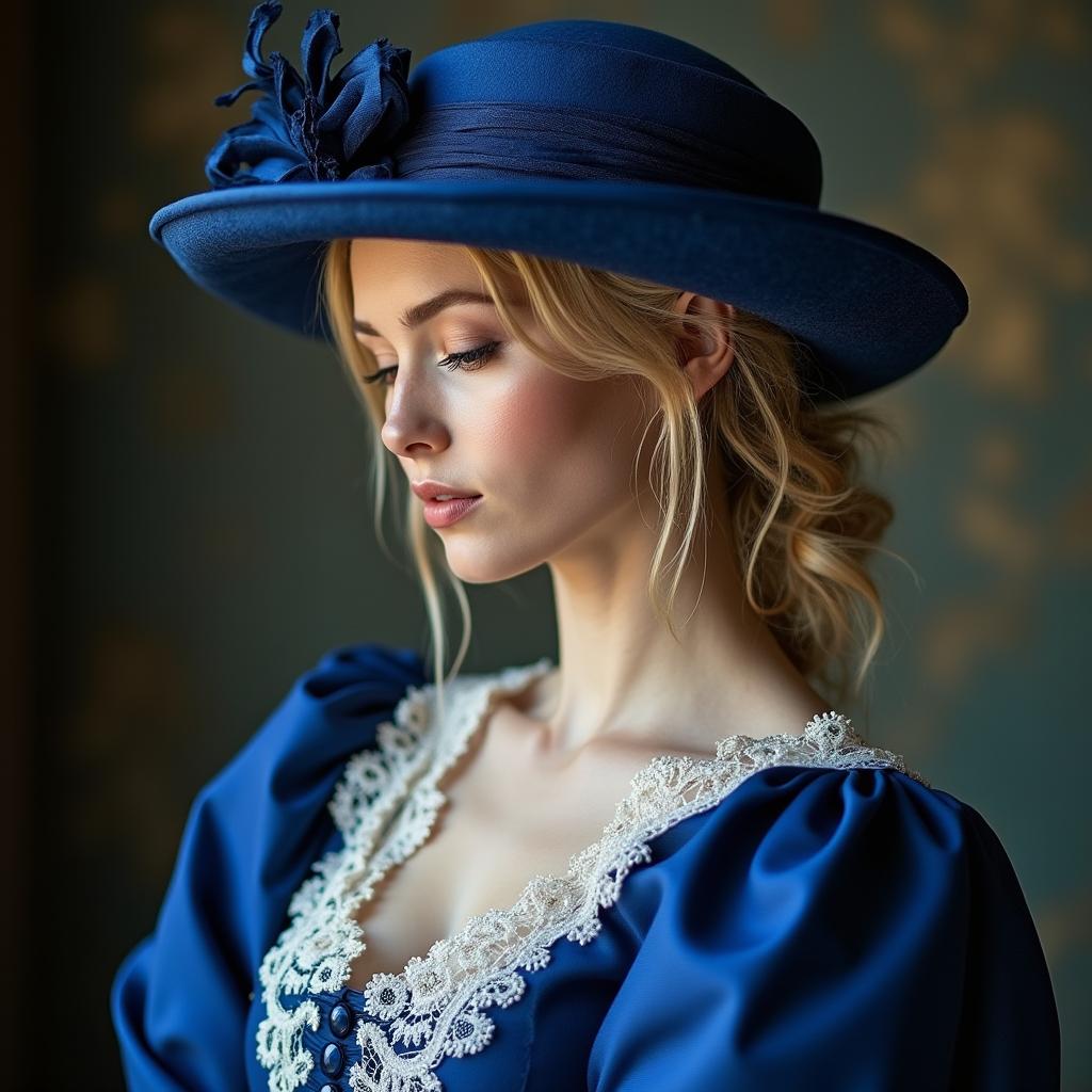 A beautiful woman wearing a stunning 17th century long sapphire blue gown adorned with intricate white lace details