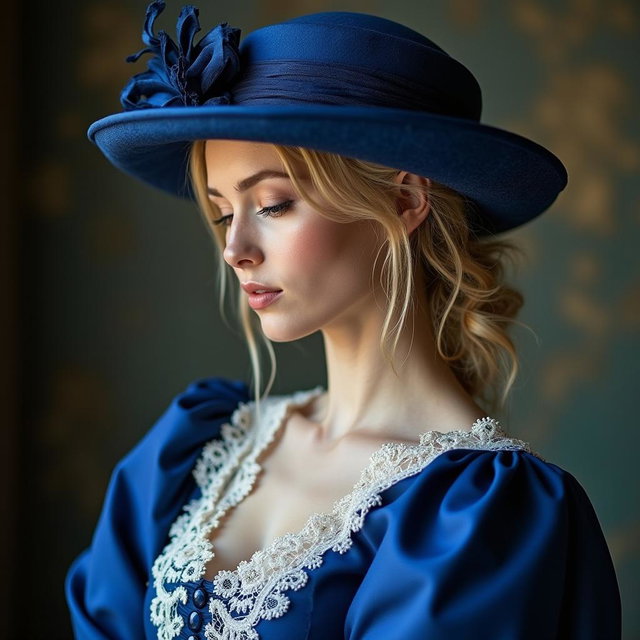 A beautiful woman wearing a stunning 17th century long sapphire blue gown adorned with intricate white lace details